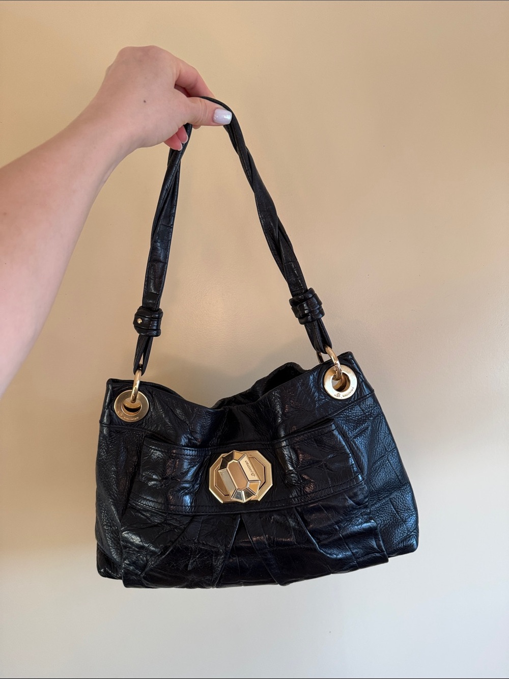 b. makowsky Black Shoulder Bag with Gold Hardware